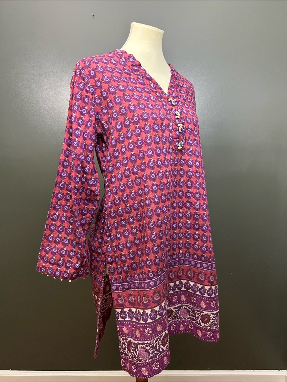 Khaadi Floral Print Kurta Tunic Beaded Trim Boho Pakistani Size 10